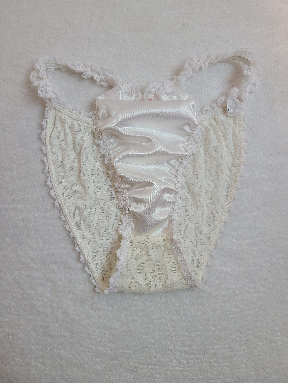 VTG Silky Satin Lace Brazilian Cheeky String Bikini Panty Size M White